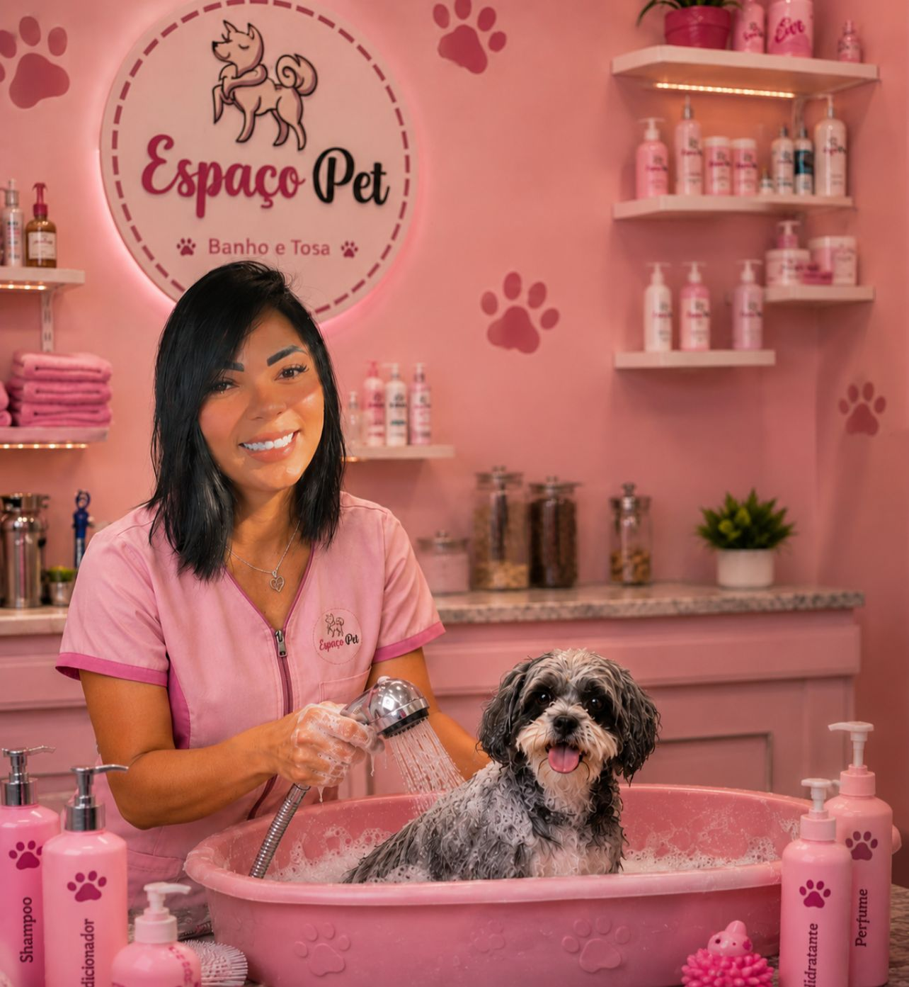Thauany dando banho em um cachorro no Espaço Pet