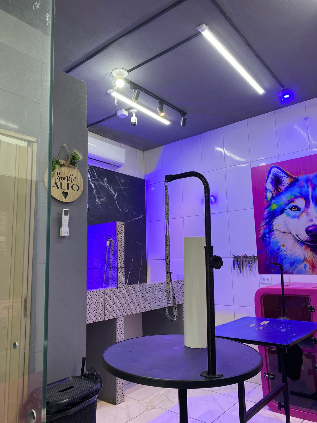 Área de tosa com iluminação roxa e painel do lobo colorido ao fundo